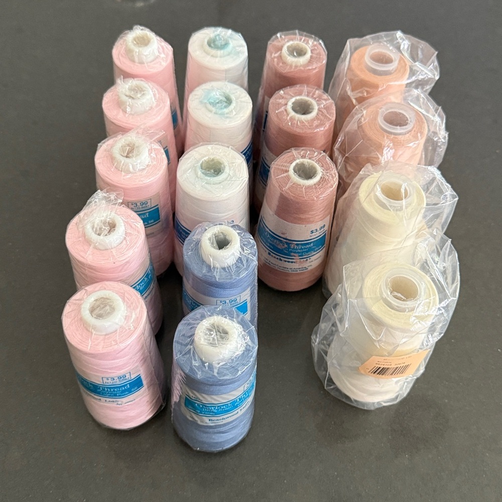 Overlock/Serger Thread 17 Cone/Spool Lot. Blue, Cream, Peach, Pinks, White